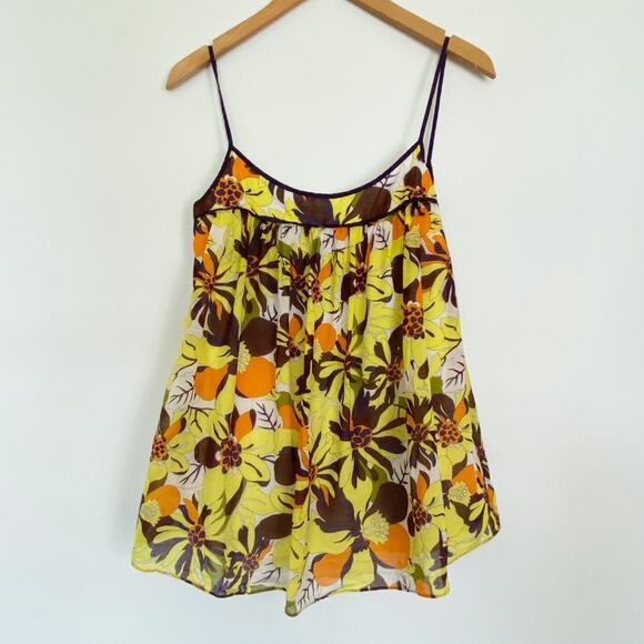 Milly New York Yellow Brown Floral Print Flowy Babydoll Cami Top Tank Blouse - Picture 2 of 9